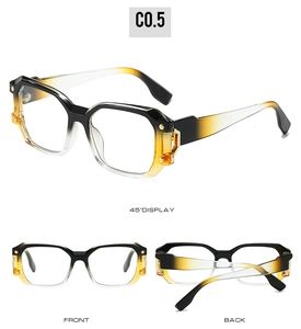 Mehrere Ansichten der quadratischen Blaulichtbrille in Schwarz-Gelb mit Metallnieten