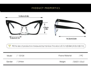 Detailed size chart for cat eye glasses frames with specific frame measurements