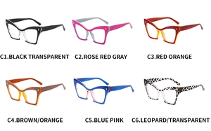 Detailed comparison of cat eye frames in six gradient colors with rivet accents
