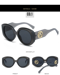 Vues détaillées de lunettes de soleil ovales grises avec logo S doré sur les branches