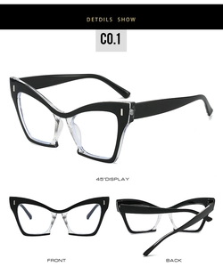 Detailed views of cat-eye frames featuring black and clear two-tone contrast with silver rivets