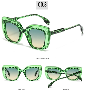 Three-view display of green leopard square sunglasses with gradient lenses, color C0.3