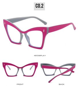 Three-view display of cat-eye glasses frames with magenta and gray color block design