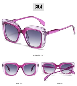 Detailed views of purple transparent square sunglasses with gradient lenses and C0.4 frame