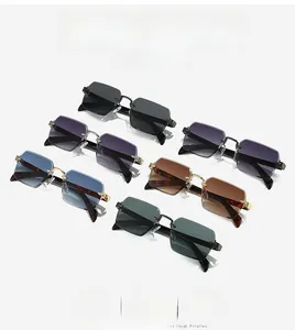 Top view of rimless rectangular sunglasses in five varied lens colors with metal temples