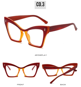Multi-angle view of cat-eye frames with red and orange gradient and silver rivet accents