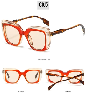 Three-angle display of square orange sunglasses with tortoise temples and amber lenses