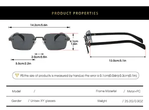 Detailed size chart for rimless rectangular sunglasses showing frame and lens dimensions