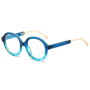 Futuristic blue gradient round frames with leopard pattern and thin gold metal temples