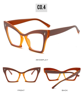 Detailed multi-angle views of brown and transparent orange cat-eye eyewear frames