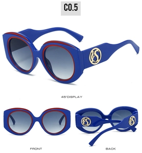 Détail de lunettes de soleil ovales oversize avec monture contrastée bleu-rouge et logo or