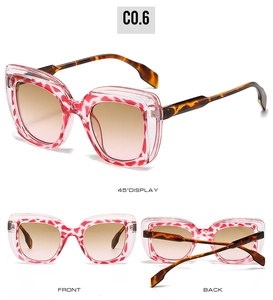 Three-way view of square sunglasses with pink patterned frames and brown gradient lenses