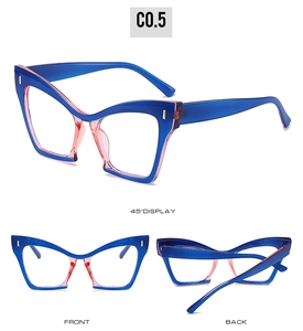 Three-angle view of cat-eye glasses frames with blue and pink contrast and rivet detail