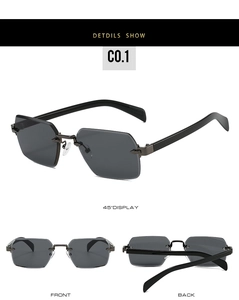 Three-angle views of rimless rectangular sunglasses with dark lenses and metal hinges