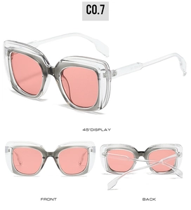 Close-up of square translucent grey sunglasses with orange lenses in multi-angle views