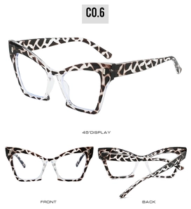 Detailed multi-angle views of leopard print cat-eye eyeglass frames with rivets