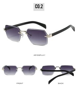 Detail view of rimless polygon sunglasses with gradient lenses and silver metal bridge