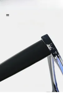 Detail of high-quality metal hinge joining black and transparent blue cat-eye frame