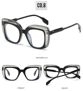 Multi-angle display of square layered eyeglasses frames with black and clear finish