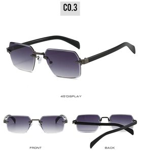 Detailed view of rimless rectangular sunglasses with purple gradient lenses and black temples
