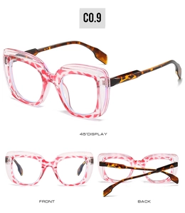 Detailed views of square pink speckled frames with tortoiseshell temples and metal hinges