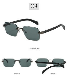 Three-angle view of rimless rectangular sunglasses with grey lenses and metal frame