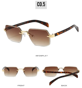 Three-angle view of rimless rectangular sunglasses with brown gradient lenses and tortoise temples