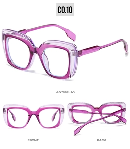 Multi-angle view of square sunglasses featuring double-layer purple and pink frames