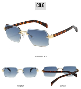 Three-angle view of rimless sunglasses with blue gradient lenses and gold metal accents