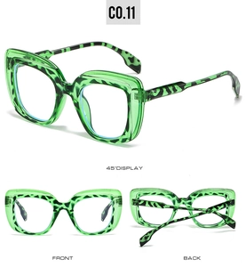 Detailed views of green tortoise shell square frame sunglasses from three angles