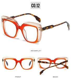 Three-angle view of square sunglasses with dual champagne and orange frames