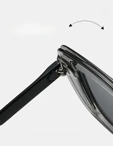 Close-up of the durable metal hinge and grey acetate frame of these square sunglasses