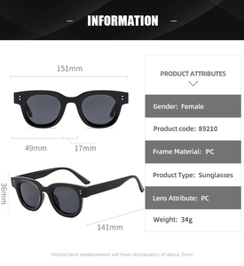 Detailed technical diagram showing PC oval frame sunglasses dimensions and material specs