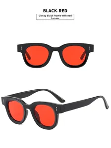 Front and side view of thick oval sunglasses with bright black frame and red lenses