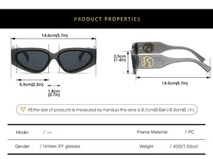 Detailed size chart for square cat-eye sunglasses including frame dimensions and weight