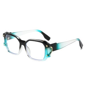 Stylische quadratische Brille mit schwarz-blauem Verlauf und goldenen Metalldetails
