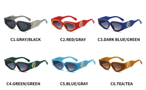 Matrix display of fashion cat-eye sunglasses in six assorted colors with golden logo detail