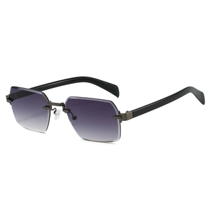 Retro rimless rectangular sunglasses with gradient purple lenses and wide black temples
