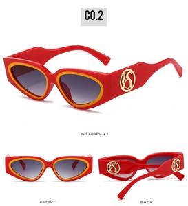 Detailed views of red square sunglasses with yellow trim and gold logo detail