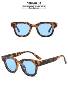 Detail of retro tortoiseshell oval frame sunglasses with blue lenses and silver rivets