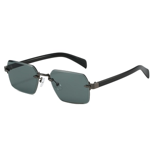 Modern rimless rectangular sunglasses with dark hexagonal lenses and black temples