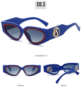 Three-angle view of blue and red cat-eye sunglasses with gold S logo on the temple