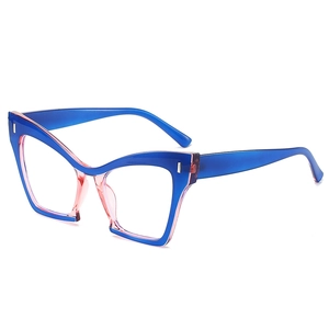 Cat eye glasses frame with blue and pink color block design and silver rivets