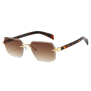 Frameless retro rectangle sunglasses with brown gradient lenses and gold metal details