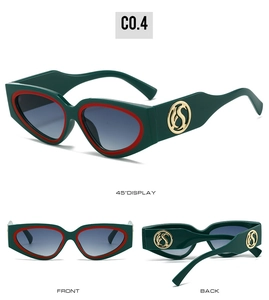 Three-angle view of retro square cat-eye sunglasses with gold S-logo and green frame