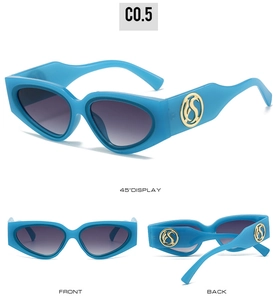 Three-way view of blue cat-eye sunglasses featuring golden 'S' logo on the temple