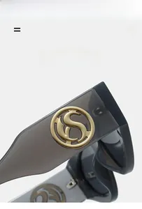 Detail of square sunglasses with translucent grey temples and gold metal logo accent