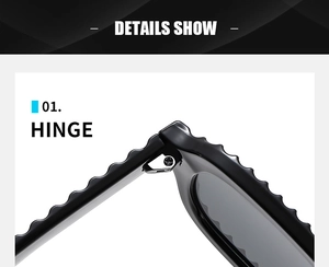 Detail view of the durable metal hinge and wavy frame design on aviator sunglasses