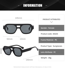 Detailed size specifications for 30g black PC pilot sunglasses with wave textured frame