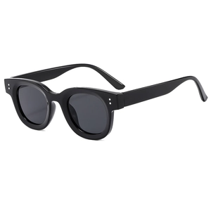 Classic oval black sunglasses with silver rivet accents and dark lenses in 45-degree view